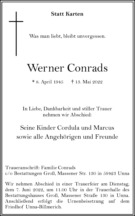 Traueranzeige von Werner Conrads