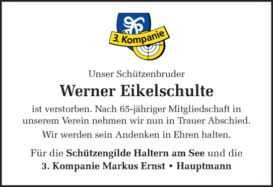 Traueranzeige von Werner Eikelschulte von Ruhr Nachrichten und Halterner Zeitung