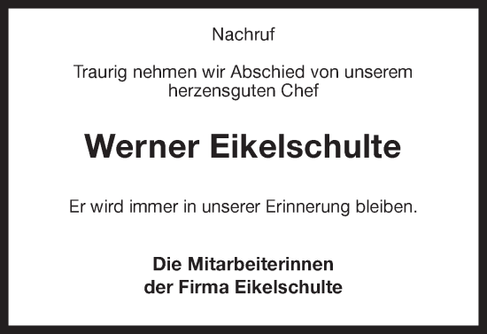 Traueranzeige von Werner Eikelschulte von Ruhr Nachrichten und Halterner Zeitung