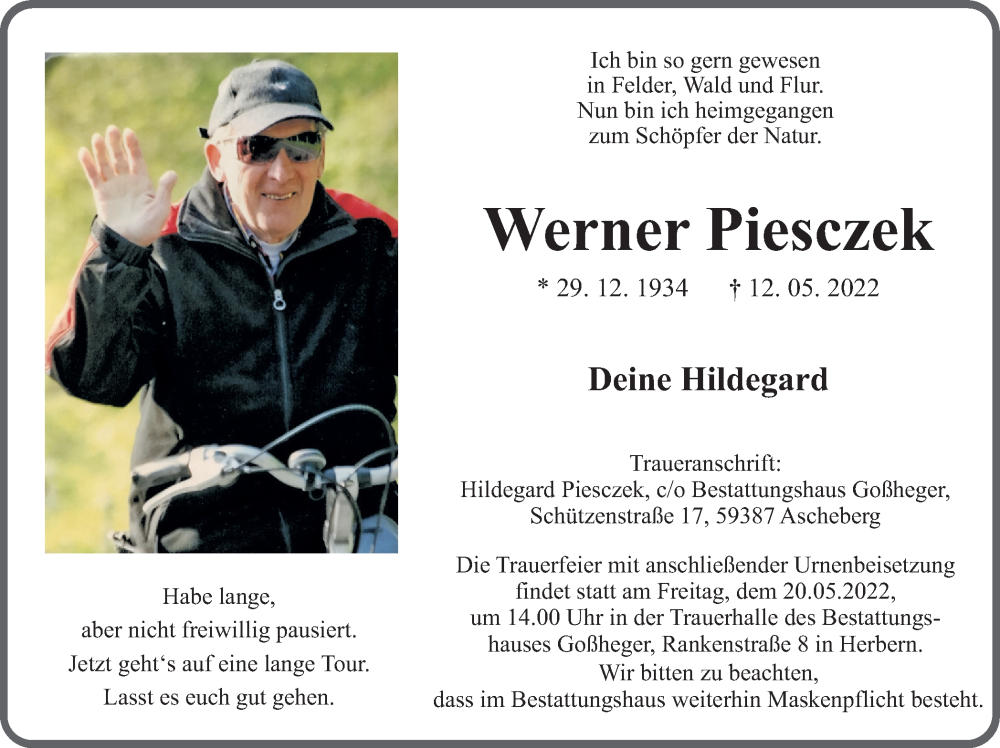  Traueranzeige für Werner Piesczek vom 14.05.2022 aus Ruhr Nachrichten