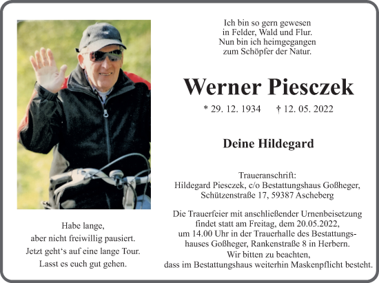 Traueranzeige von Werner Piesczek von Ruhr Nachrichten