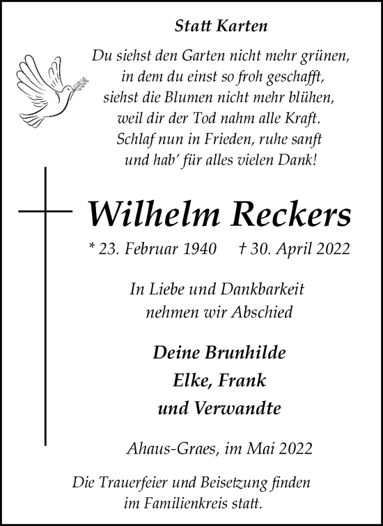 Traueranzeige von Wilhelm Reckers von Münstersche Zeitung und Münsterland Zeitung