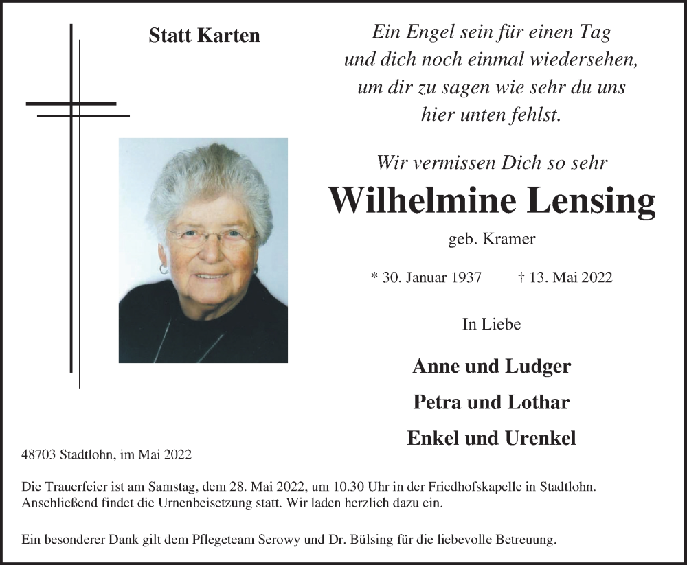  Traueranzeige für Wilhelmine Lensing vom 25.05.2022 aus Münstersche Zeitung und Münsterland Zeitung