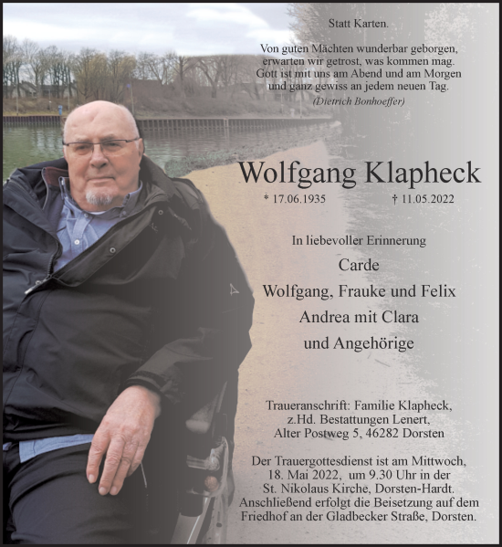Traueranzeige von Wolfgang Klapheck von Ruhr Nachrichten und Dorstener Zeitung