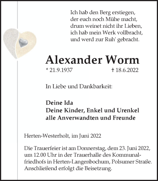 Traueranzeige von Alexander Worm von Medienhaus Bauer