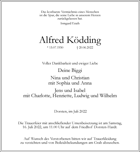 Traueranzeige von Alfred Ködding von Ruhr Nachrichten und Dorstener Zeitung