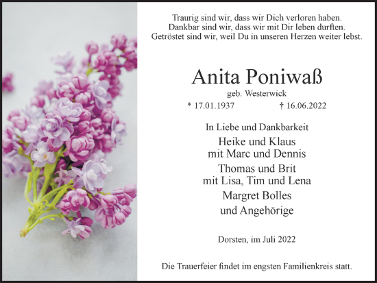 Traueranzeige von Anita Poniwaß von Ruhr Nachrichten und Dorstener Zeitung