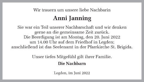 Traueranzeige von Anni Janning von Münstersche Zeitung und Münsterland Zeitung
