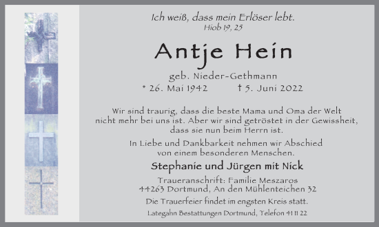 Traueranzeige von Antje Hein 