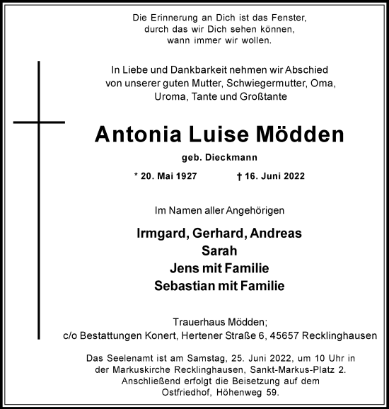 Traueranzeige von Antonia Luise Mödden von Medienhaus Bauer