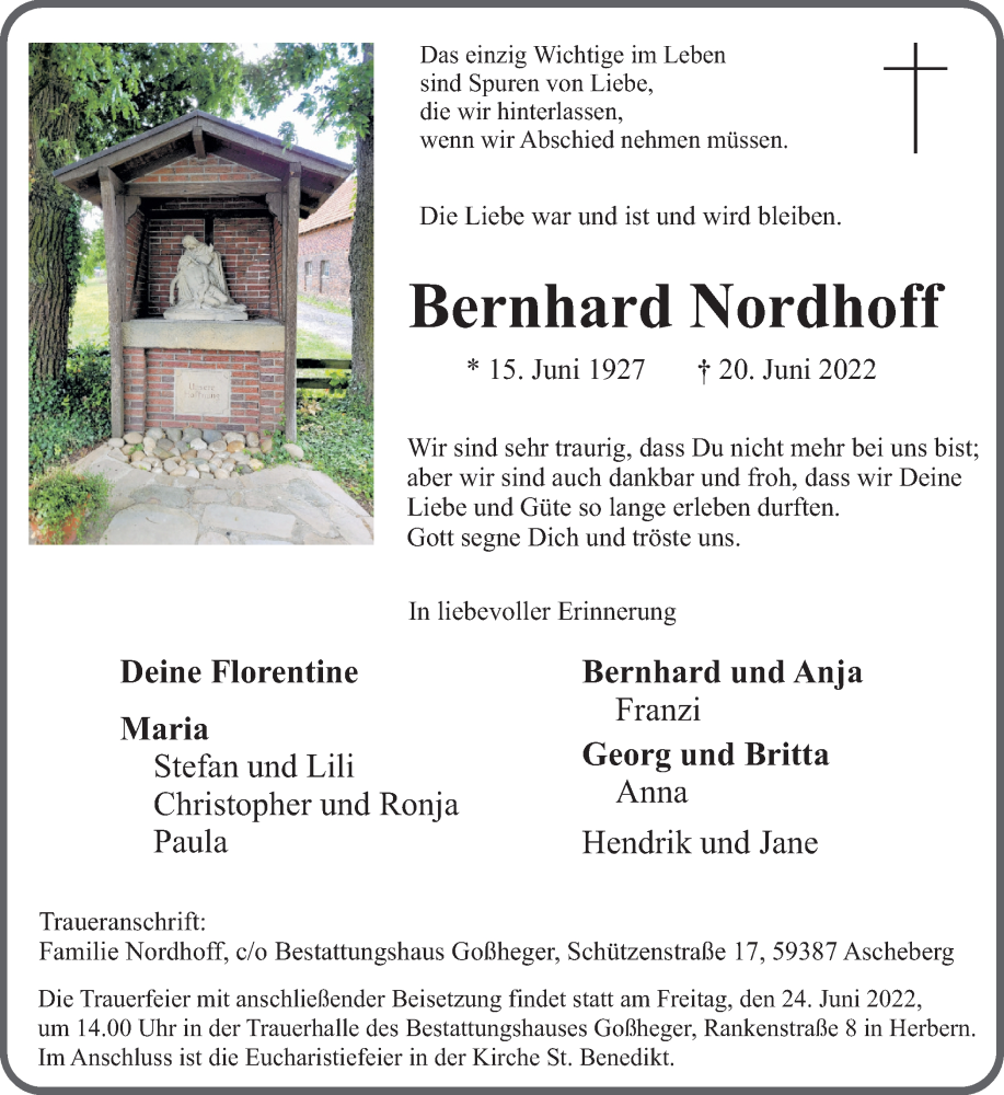  Traueranzeige für Bernhard Nordhoff vom 22.06.2022 aus Ruhr Nachrichten