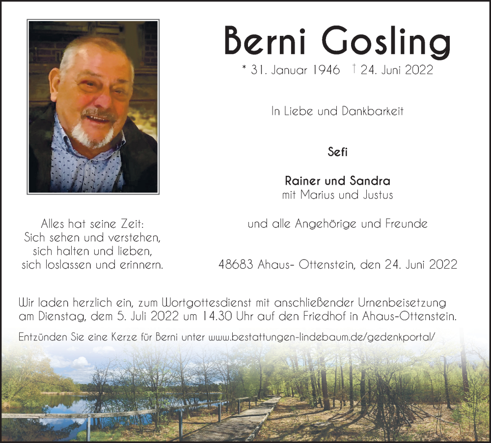  Traueranzeige für Berni Gosling vom 29.06.2022 aus Münstersche Zeitung und Münsterland Zeitung