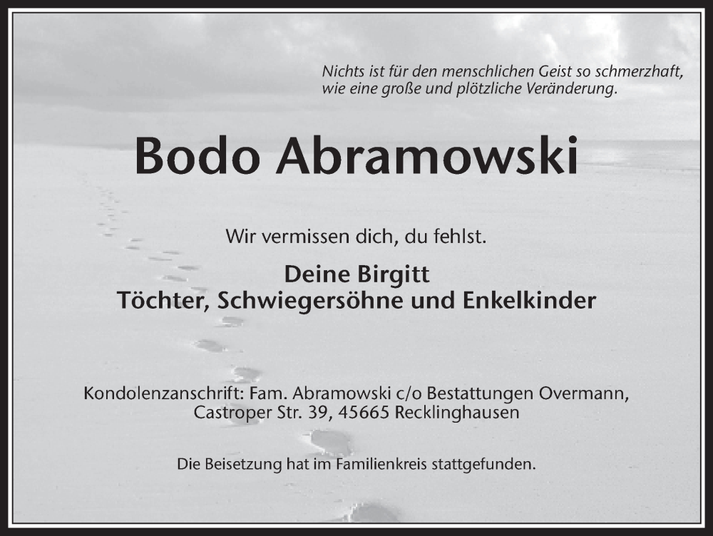  Traueranzeige für Bodo Abramowski vom 01.06.2022 aus Medienhaus Bauer
