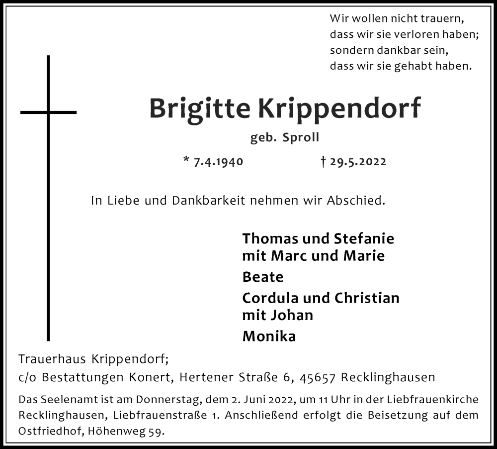  Traueranzeige für Brigitte Krippendorf vom 01.06.2022 aus Medienhaus Bauer