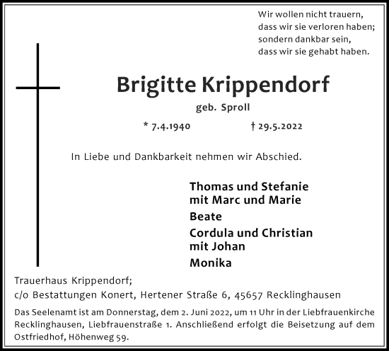 Traueranzeige von Brigitte Krippendorf von Medienhaus Bauer