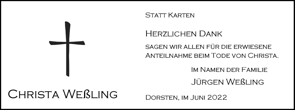  Traueranzeige für Christa Weßling vom 11.06.2022 aus Ruhr Nachrichten und Dorstener Zeitung