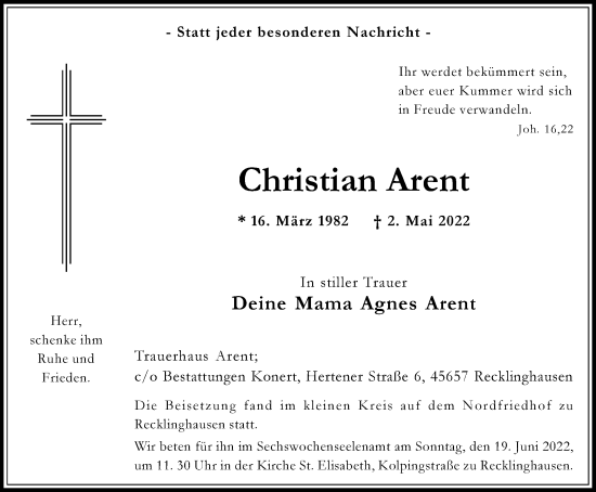 Traueranzeige von Christian Arent von Medienhaus Bauer