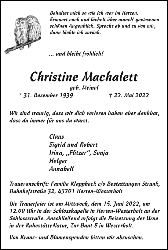 Traueranzeige von Christine Machalett von Medienhaus Bauer