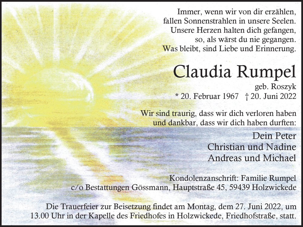  Traueranzeige für Claudia Rumpel vom 23.06.2022 aus Hellweger Anzeiger