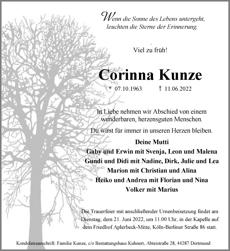  Traueranzeige für Corinna Kunze vom 18.06.2022 aus 