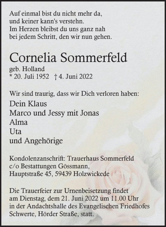 Traueranzeige von Cornelia Sommerfeld von Ruhr Nachrichten