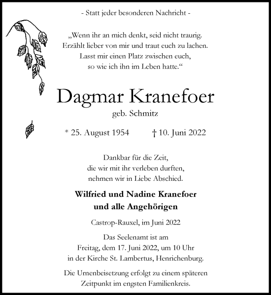 Traueranzeige von Dagmar Kranefoer von Ruhr Nachrichten