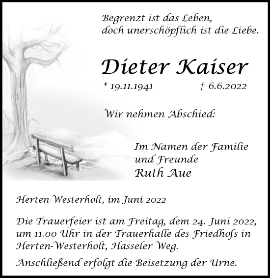 Traueranzeige von Dieter Kaiser von Medienhaus Bauer