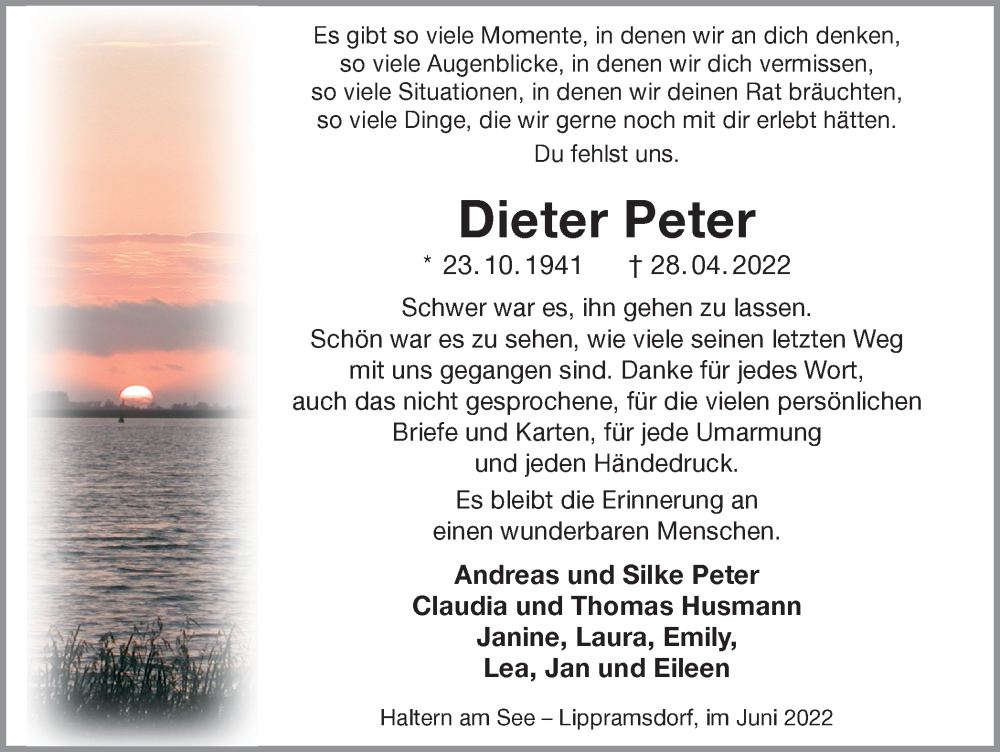  Traueranzeige für Dieter Peter vom 10.06.2022 aus Ruhr Nachrichten und Halterner Zeitung