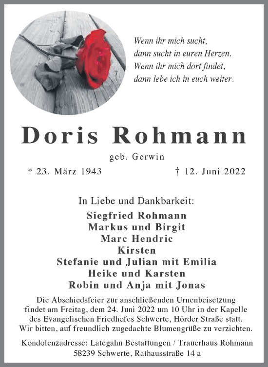 Traueranzeige von Doris Rohmann von Ruhr Nachrichten