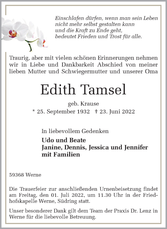 Traueranzeige von Edith Tamsel von Ruhr Nachrichten