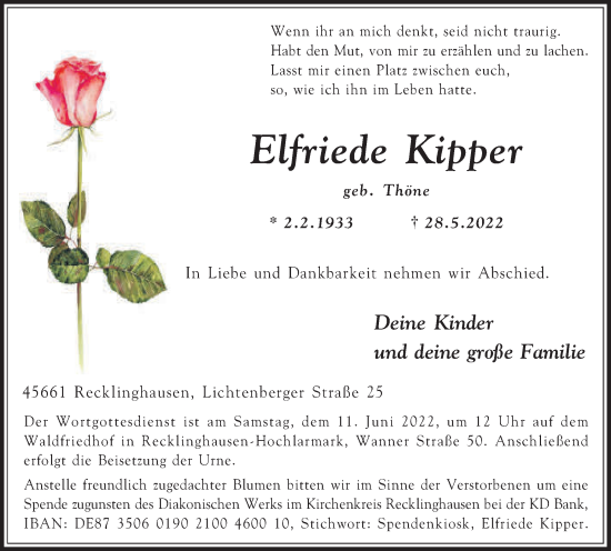 Traueranzeige von Elfriede Kipper von Medienhaus Bauer