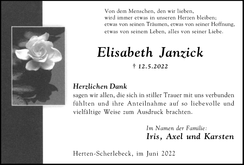  Traueranzeige für Elisabeth Janzick vom 11.06.2022 aus Medienhaus Bauer