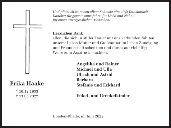 Traueranzeige von Erika Haake von Ruhr Nachrichten und Dorstener Zeitung
