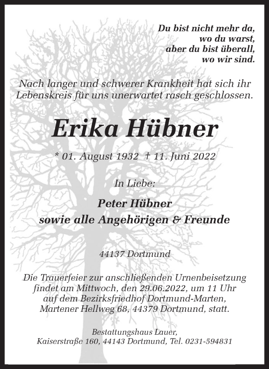 Traueranzeige von Erika Hübner 