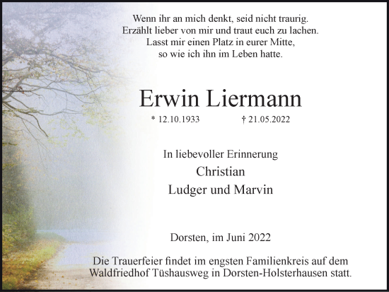Traueranzeige von Erwin Liermann von Ruhr Nachrichten und Dorstener Zeitung