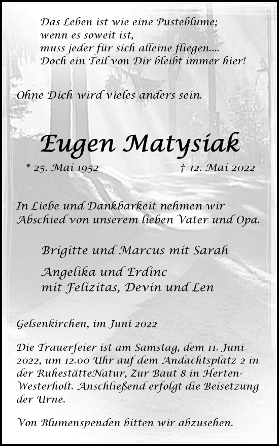 Traueranzeige von Eugen Matysiak von Medienhaus Bauer