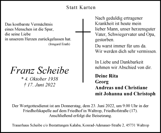 Traueranzeige von Franz Scheibe von Medienhaus Bauer