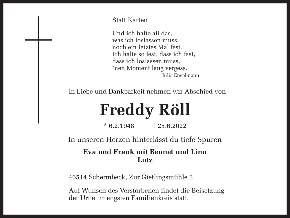  Traueranzeige für Freddy Röll vom 29.06.2022 aus Ruhr Nachrichten und Dorstener Zeitung