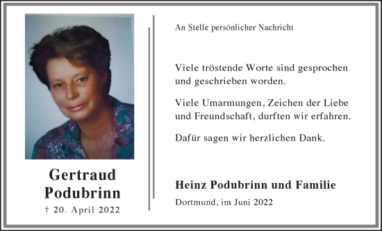 Traueranzeige von Gertraud Podubrinn 