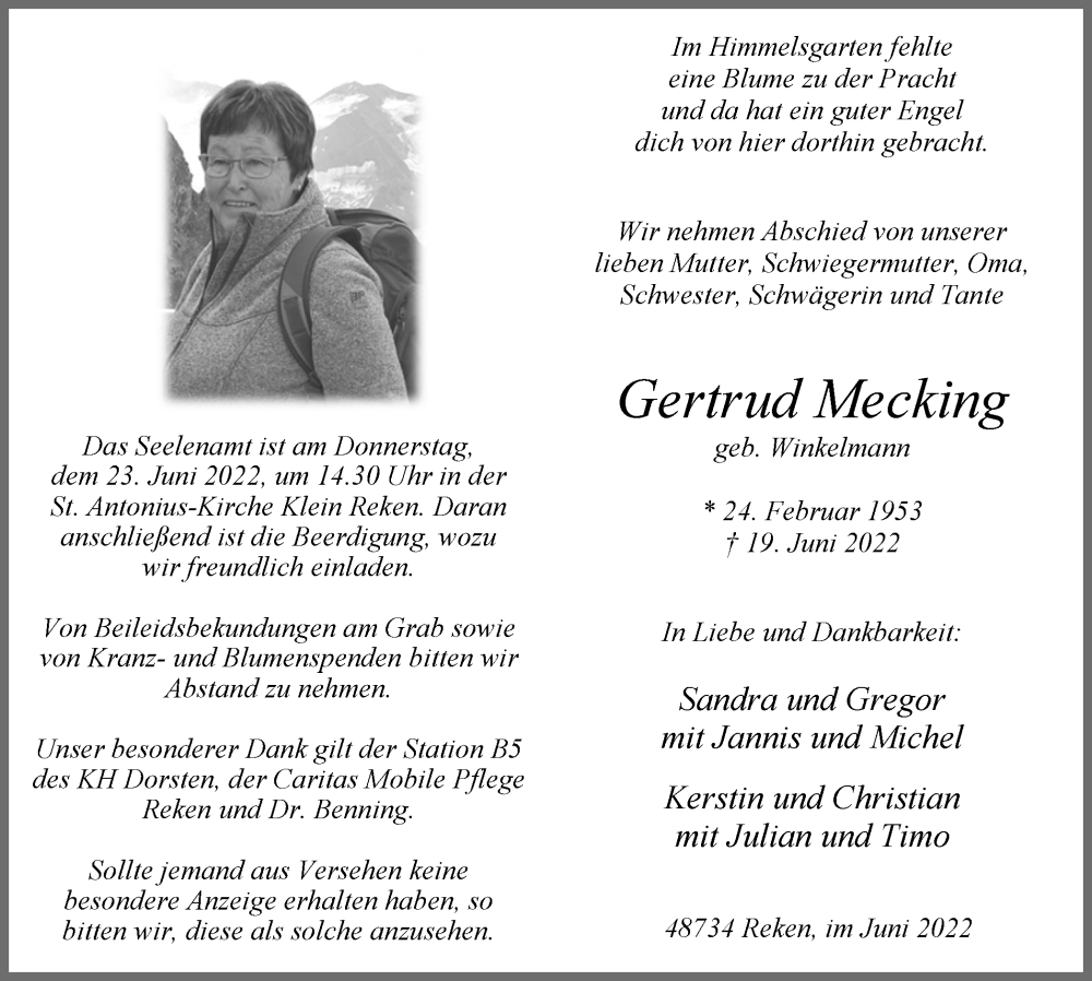  Traueranzeige für Gertrud Mecking vom 21.06.2022 aus Ruhr Nachrichten und Dorstener Zeitung