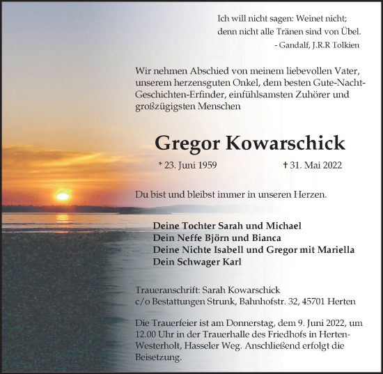 Traueranzeige von Gregor Kowarschick von Medienhaus Bauer