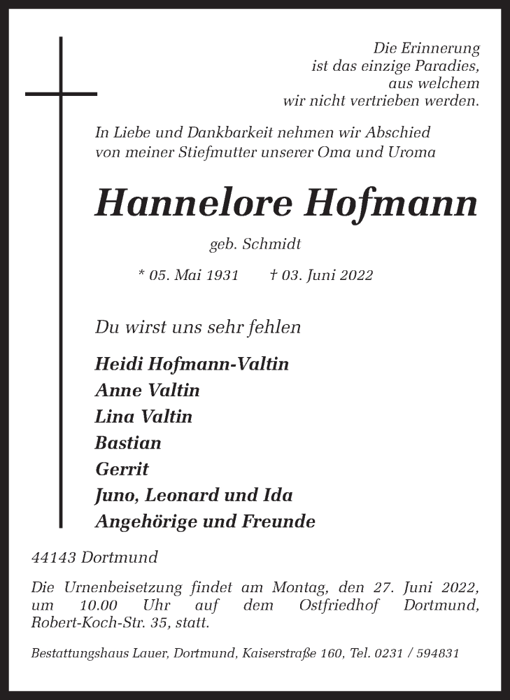  Traueranzeige für Hannelore Hofmann vom 18.06.2022 aus 