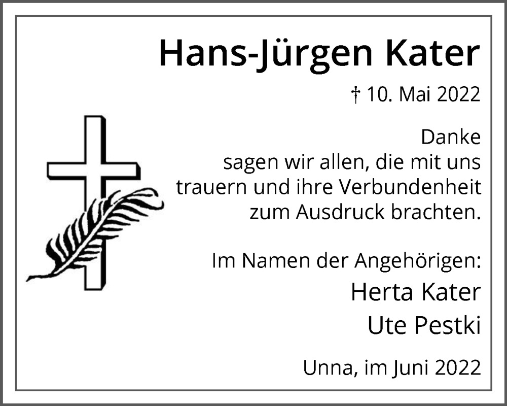  Traueranzeige für Hans-Jürgen Kater vom 11.06.2022 aus Hellweger Anzeiger