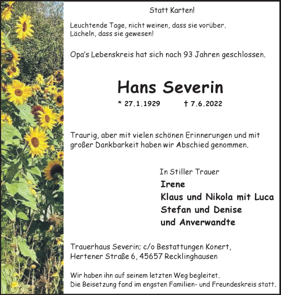 Traueranzeige von Hans Severin von Medienhaus Bauer