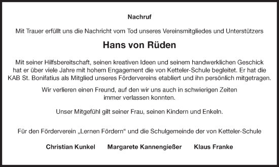 Traueranzeige von Hans von Rüden von Ruhr Nachrichten und Dorstener Zeitung