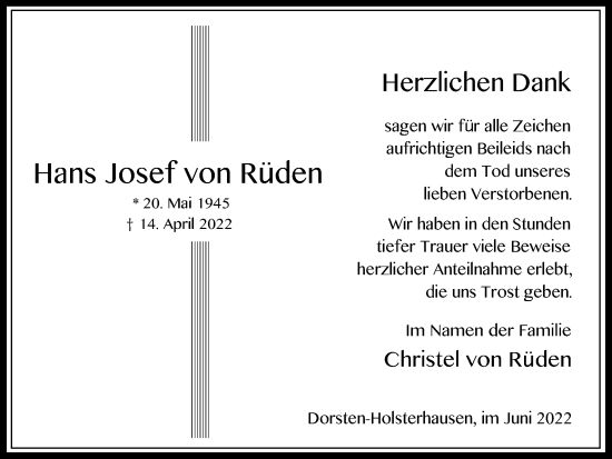 Traueranzeige von Hans Josef  von Rüden von Ruhr Nachrichten und Dorstener Zeitung