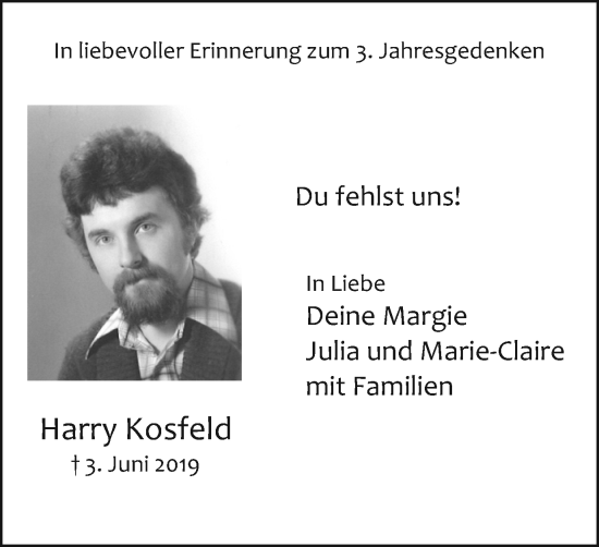 Traueranzeige von Harry Kosfeld von Medienhaus Bauer