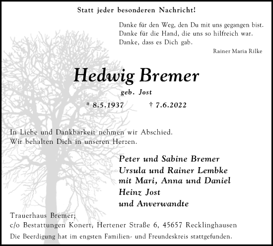 Traueranzeige von Hedwig Bremer von Medienhaus Bauer