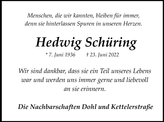 Traueranzeige von Hedwig Schüring von Münstersche Zeitung und Münsterland Zeitung