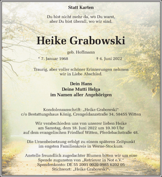 Traueranzeige von Heike Grabowski 